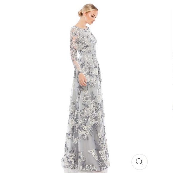 Mac Duggal Silver Floral Embellished Illusion Long Sleeve A Line Gown Size 10 - Picture 14 of 14